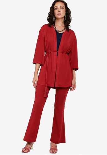 Belted Cardigan and Bootcut Pants Set from Zalia in Red