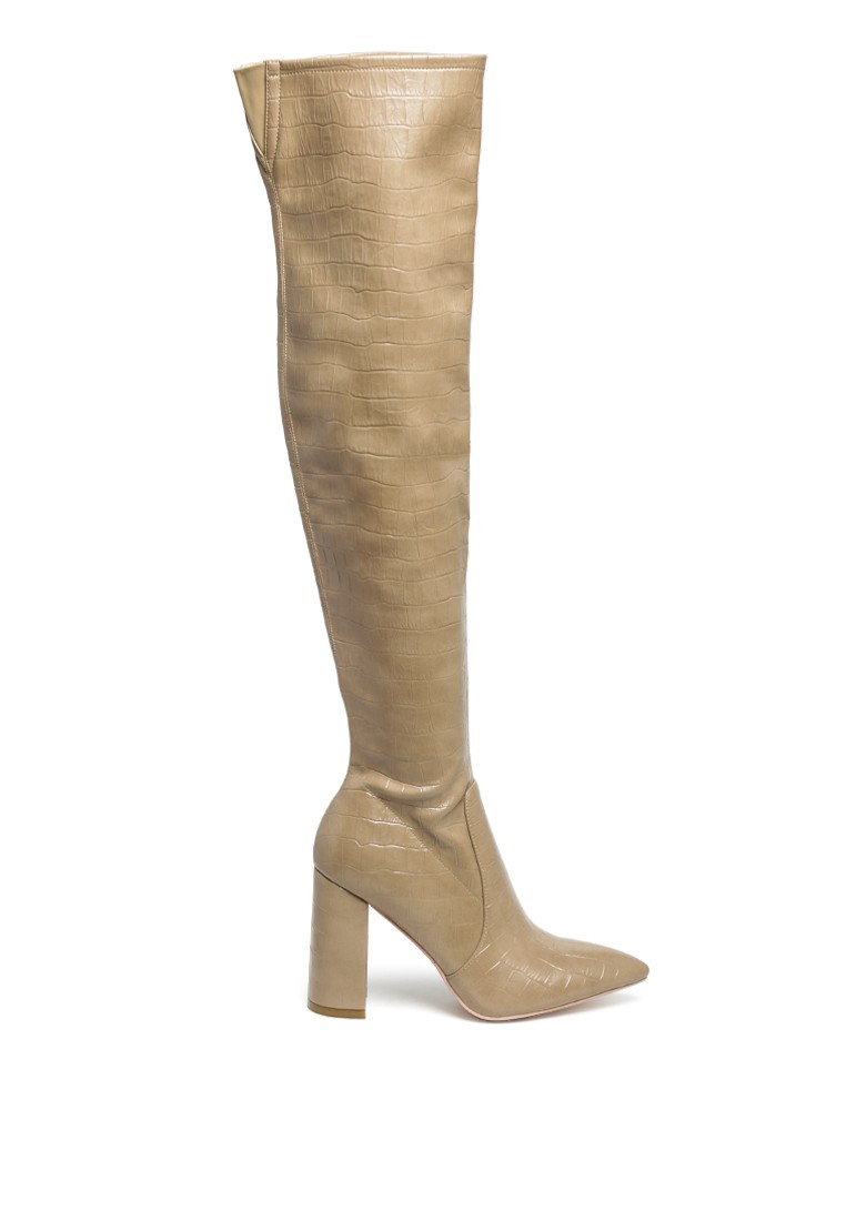 Beige Knee High Natural Print Block Heeled Boot