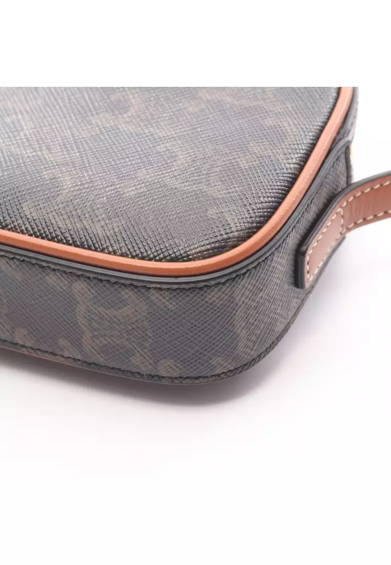 Pre-Loved Celine Cuill Triomphe Mini Camera Bag one shoulder bag PVC leather black Brown multicolor