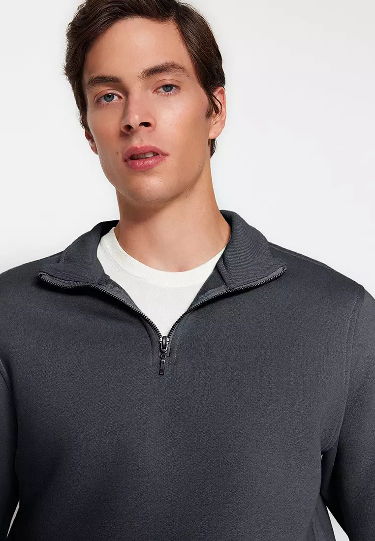 Anthracite Regular/Normal Cut Stand Collar Zippered Warm Basic Sweatshirt TMNAW24SW00041