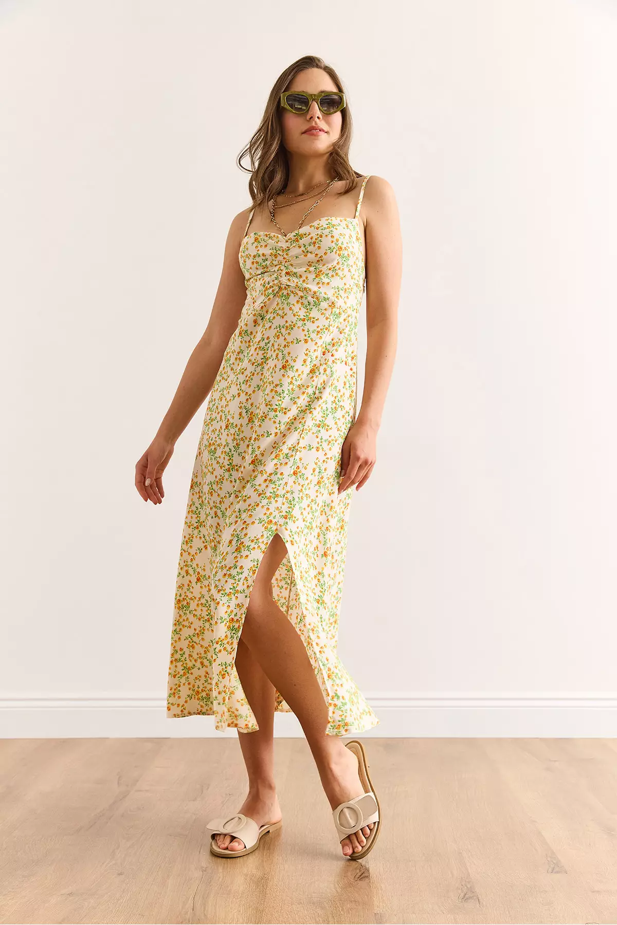 Women's Ecru Orange Strap Adjustable Front Gathered Woven Viscose Dress Elb-19002438