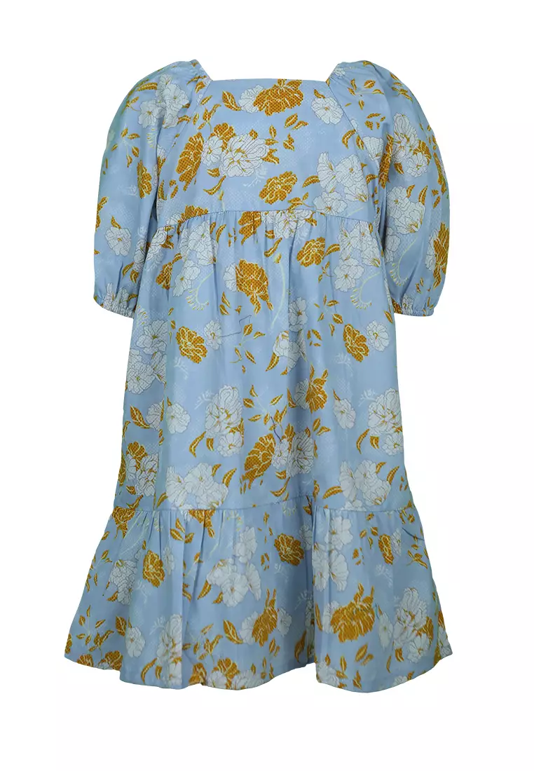Qna Girl Queensha Midi Dress Anak Biru Motif Bunga