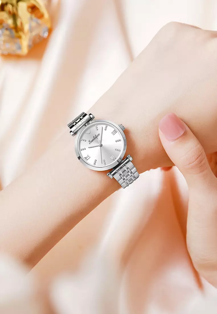 Jam Tangan Wanita Berlian 9018 Original Anggun Santai Wanita Tali Stainless Steel Jam Tangan Cewek white