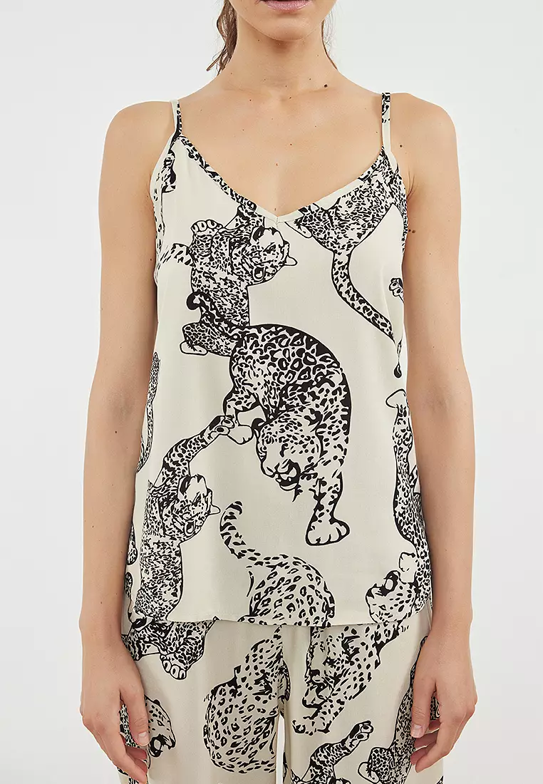 Tiger Patterned Rope Strap Woven Pajamas Set