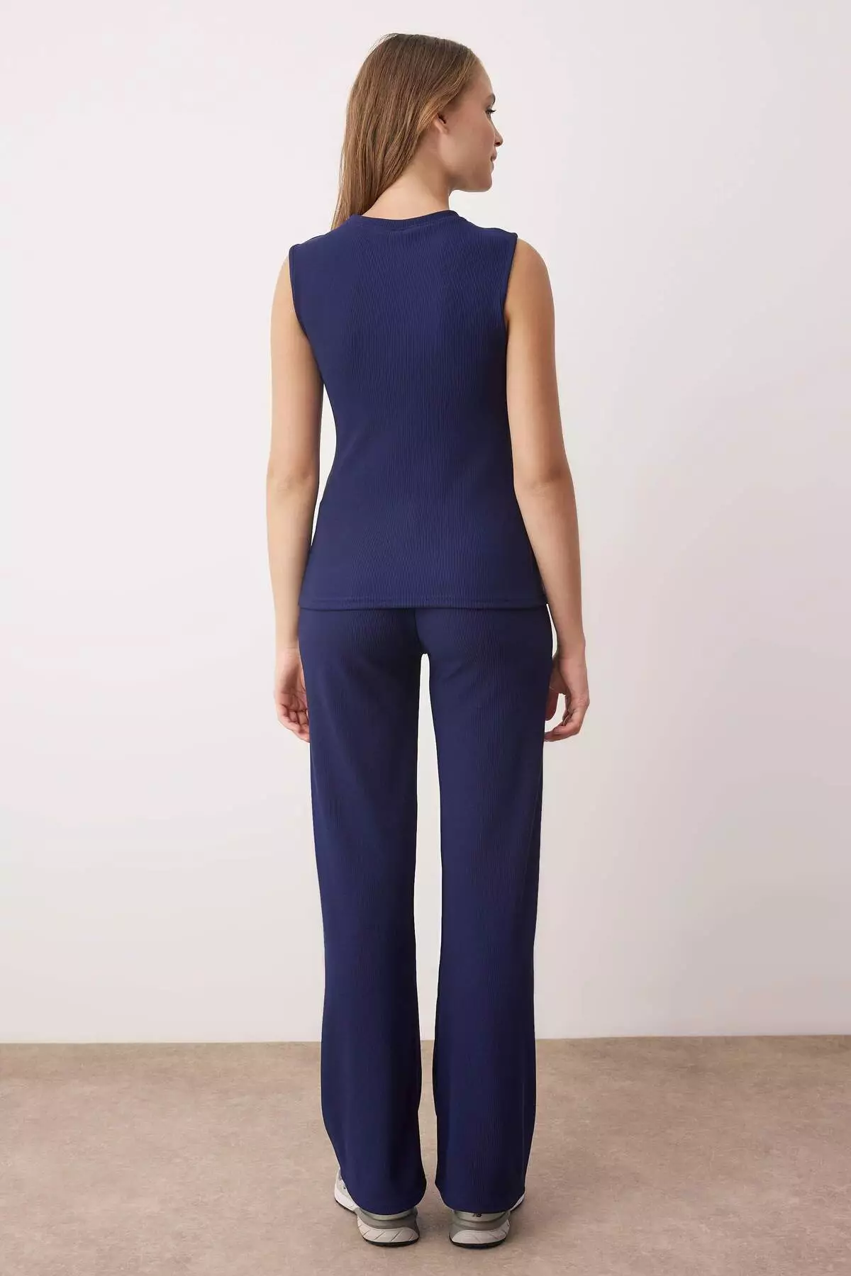 Navy Blue Silver Button Accent Piece Zero Sleeve Top Regular Pants Knitted Bottom - Top Set Twoaw26Au83