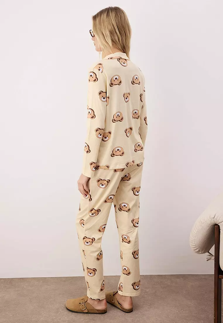 Ecru 100% Cotton Teddy Bear Shirt-Pants Knitted Pajama Set