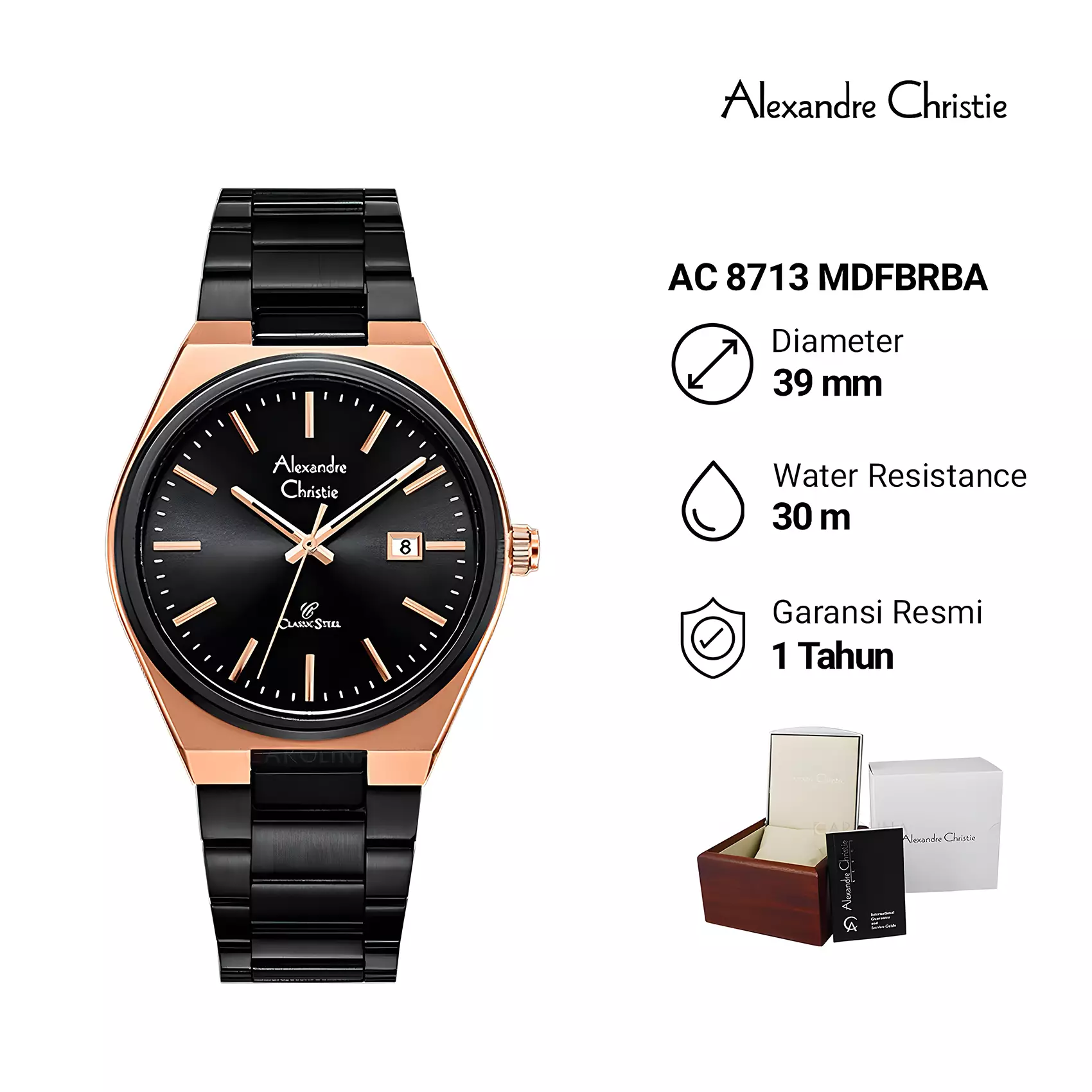 Alexandre Christie Classic Steel - Jam Tangan Analog Pria - Black Rose Gold - All Stainless Steel - 8713 MDFBRBA