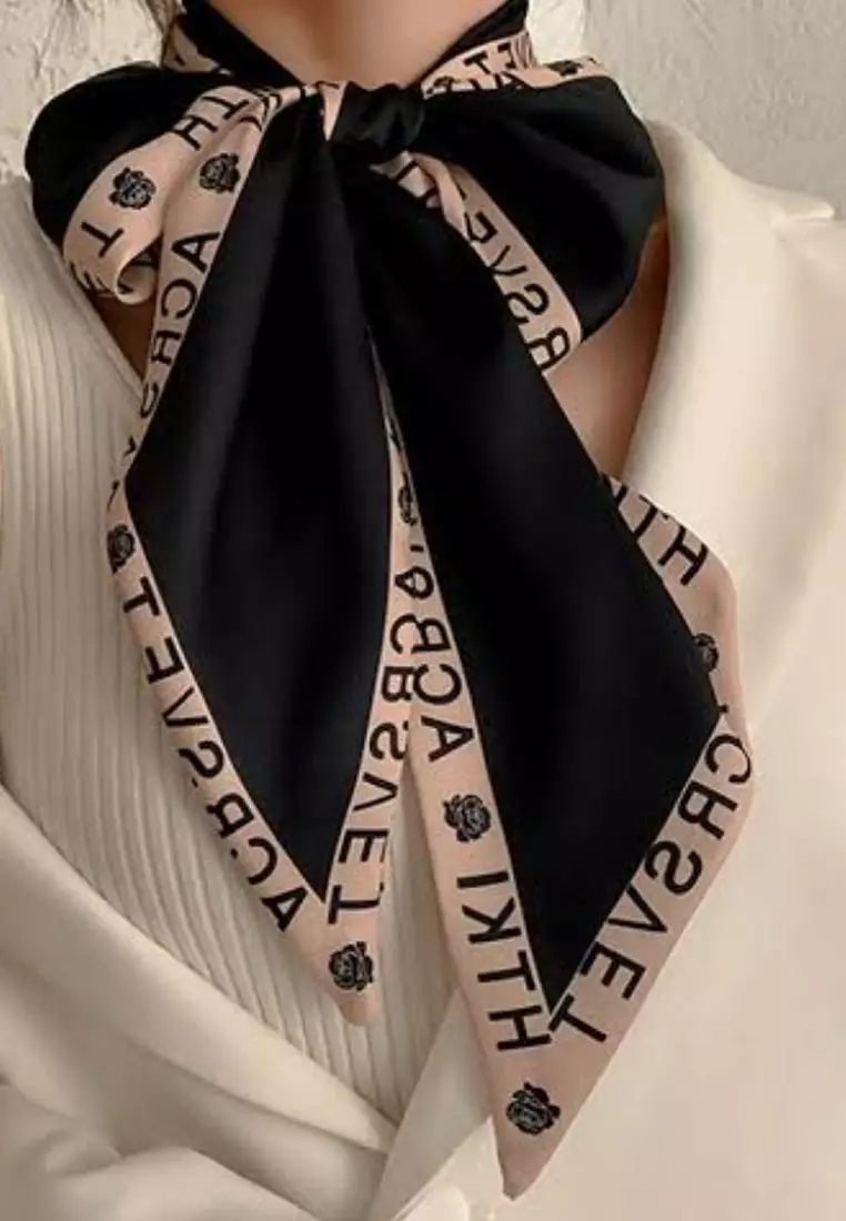 Aksesoris Wanita Text Border Twilly Skinny Multi purpose Scarf Wanita Black & Beige