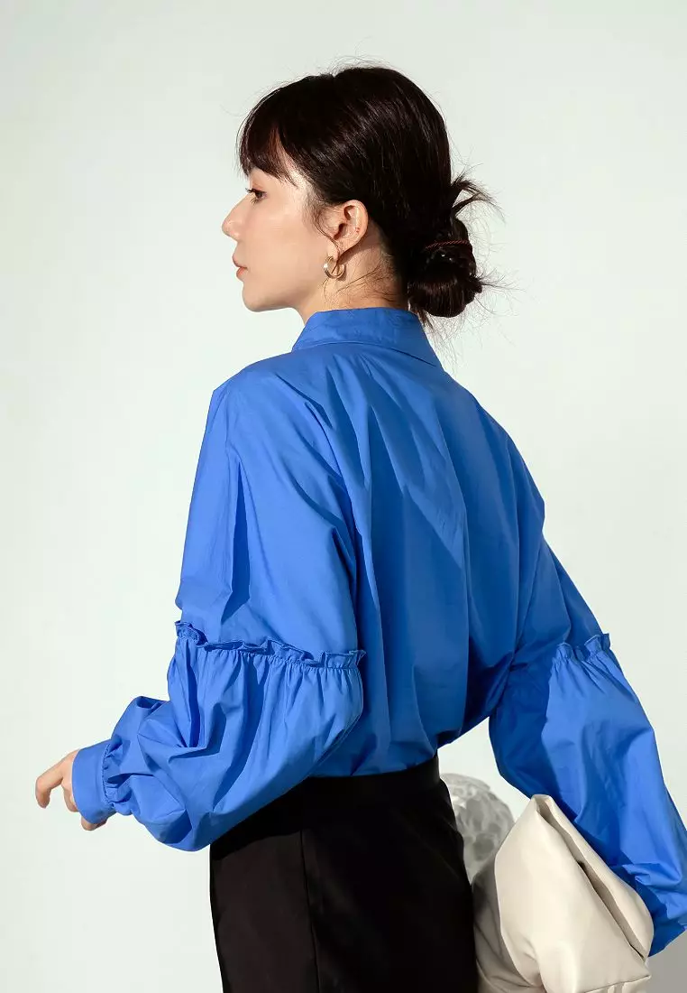 純棉小荷葉邊裝飾泡泡袖襯衫《AB19863》