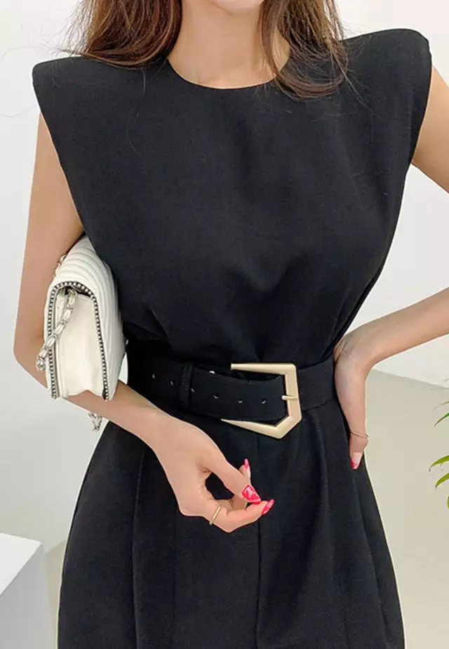 韓風氣質高開叉收腰長連身裙 A21031907BK