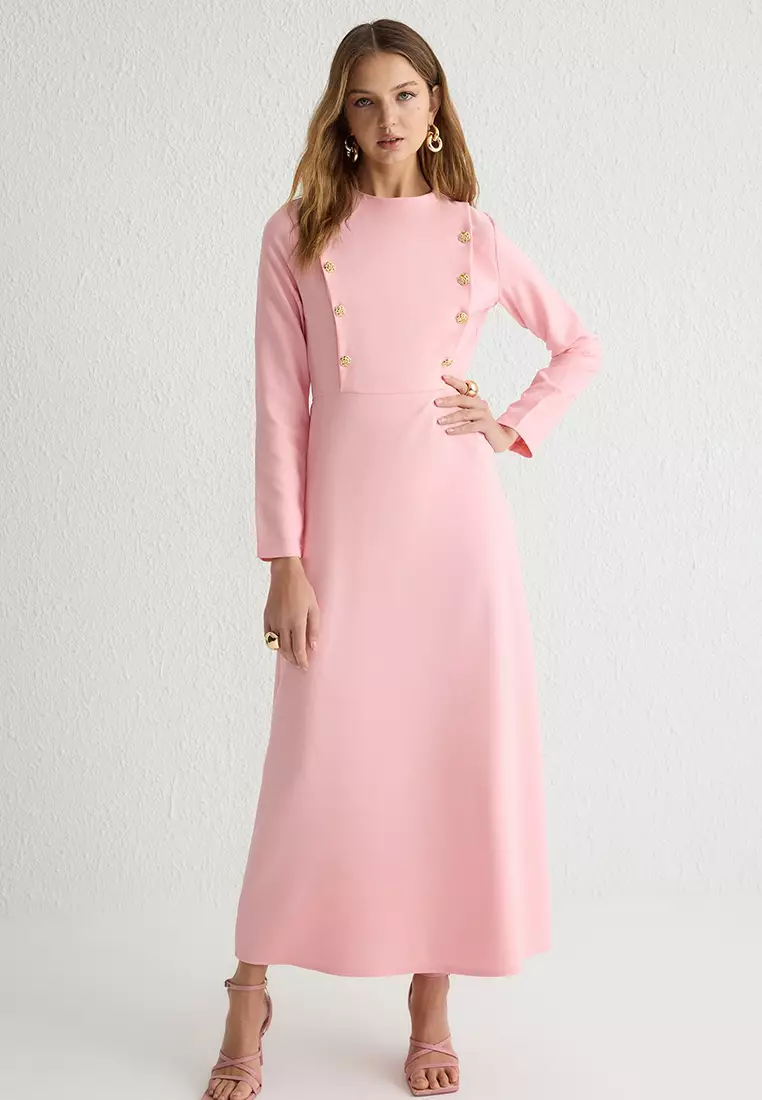 Light Pink Floral Buttoned Woven Dress TCTSS25EB00032
