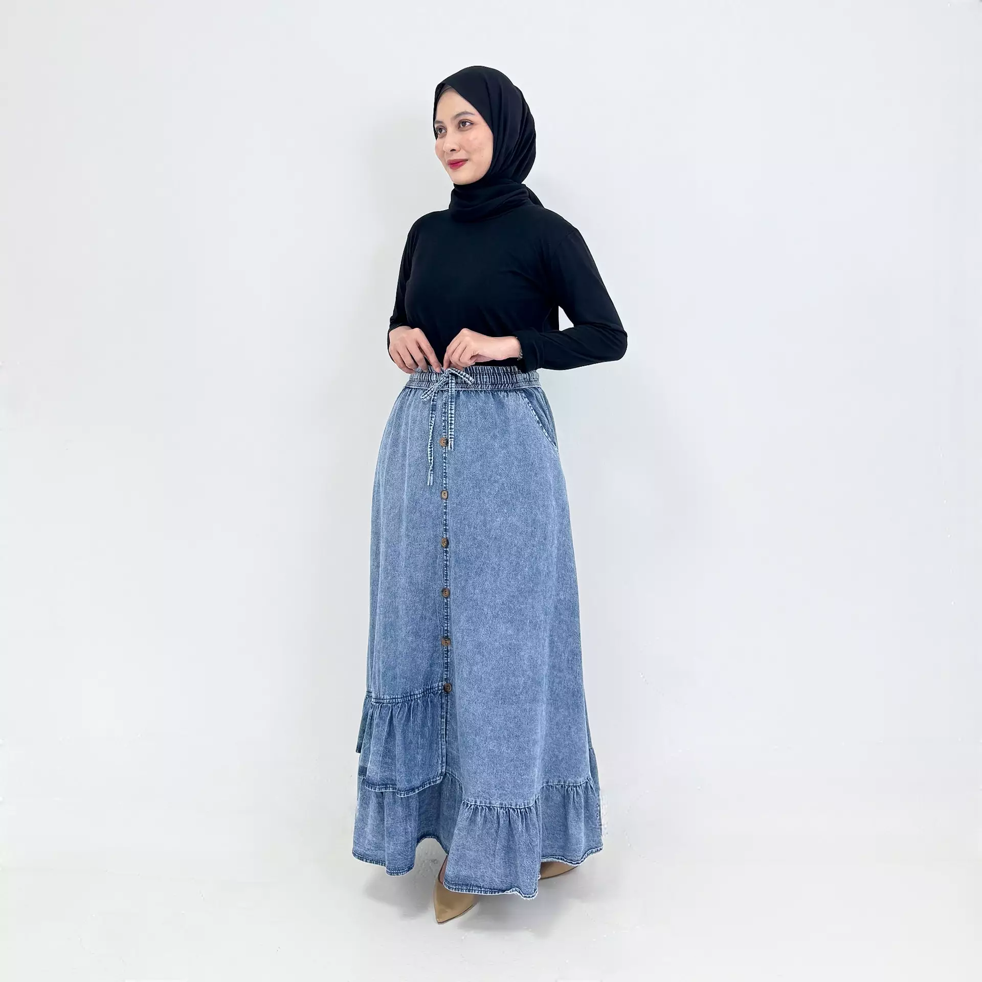 Nayra Denim Skirt [BIRU SNOW] Rok Panjang Wanita A-Line Ruffle
