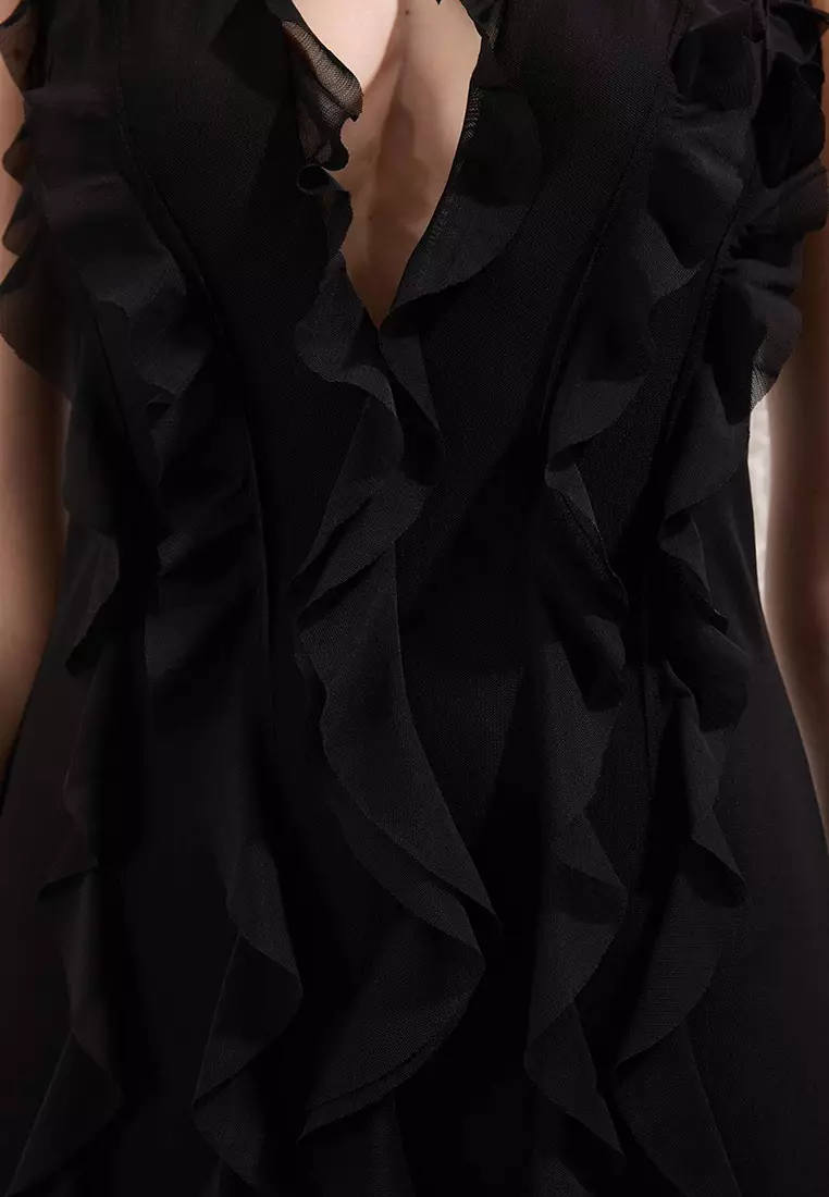 Limited Edition Black Ruffled Lined Tulle Evening Prom Dress TPRSS25AE00063