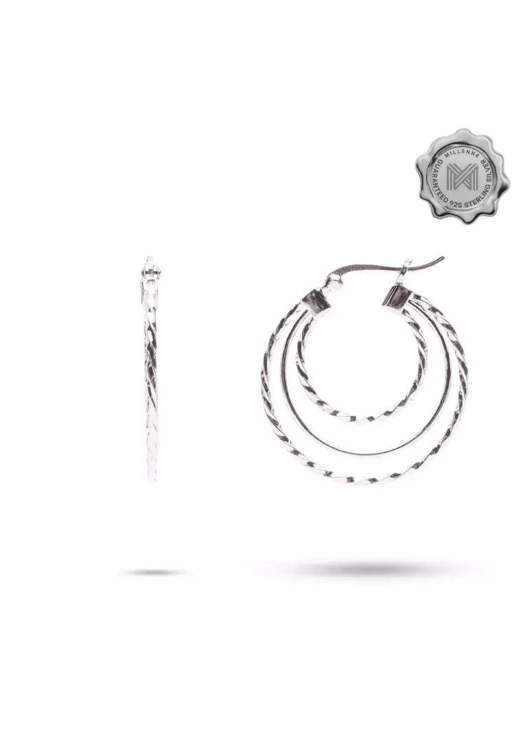 Millennia 2000 Tri-Circle Silver Hoop Earrings with 925 Sterling Silver