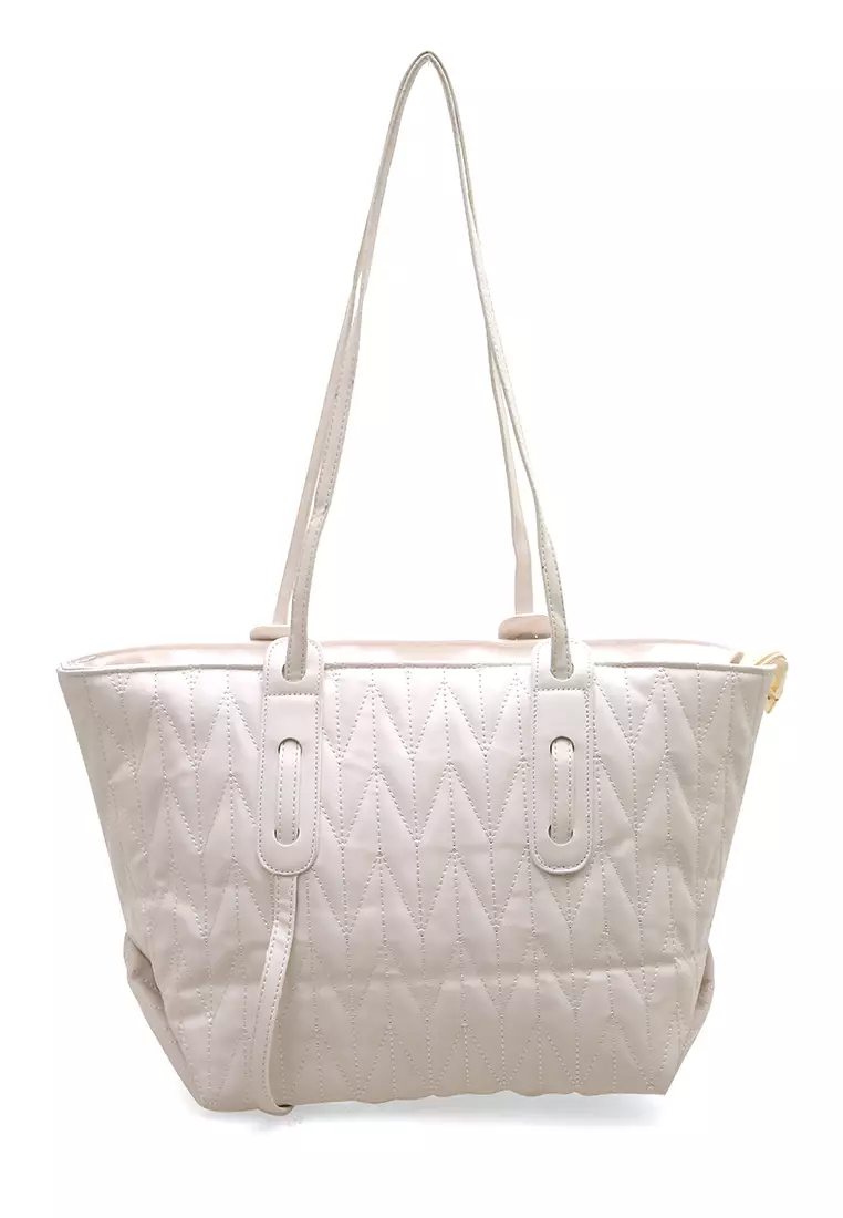 Laura Tas Kerja Wanita Tote Bag Motif Polos Large Compartment Material Leather ORIGINAL - White