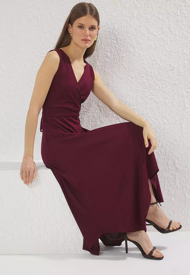 Plum Pique Slit Double Breasted Closure Maxi Flexible Knit Dress TWOSS25EL00458