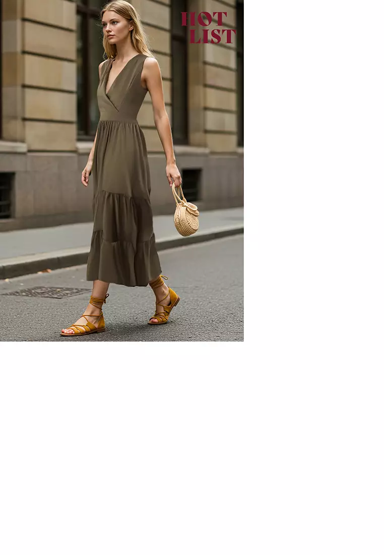 Khaki Plain Skirt Waist Opening Double Breasted Midi Woven Dress TWOSS25EL00201