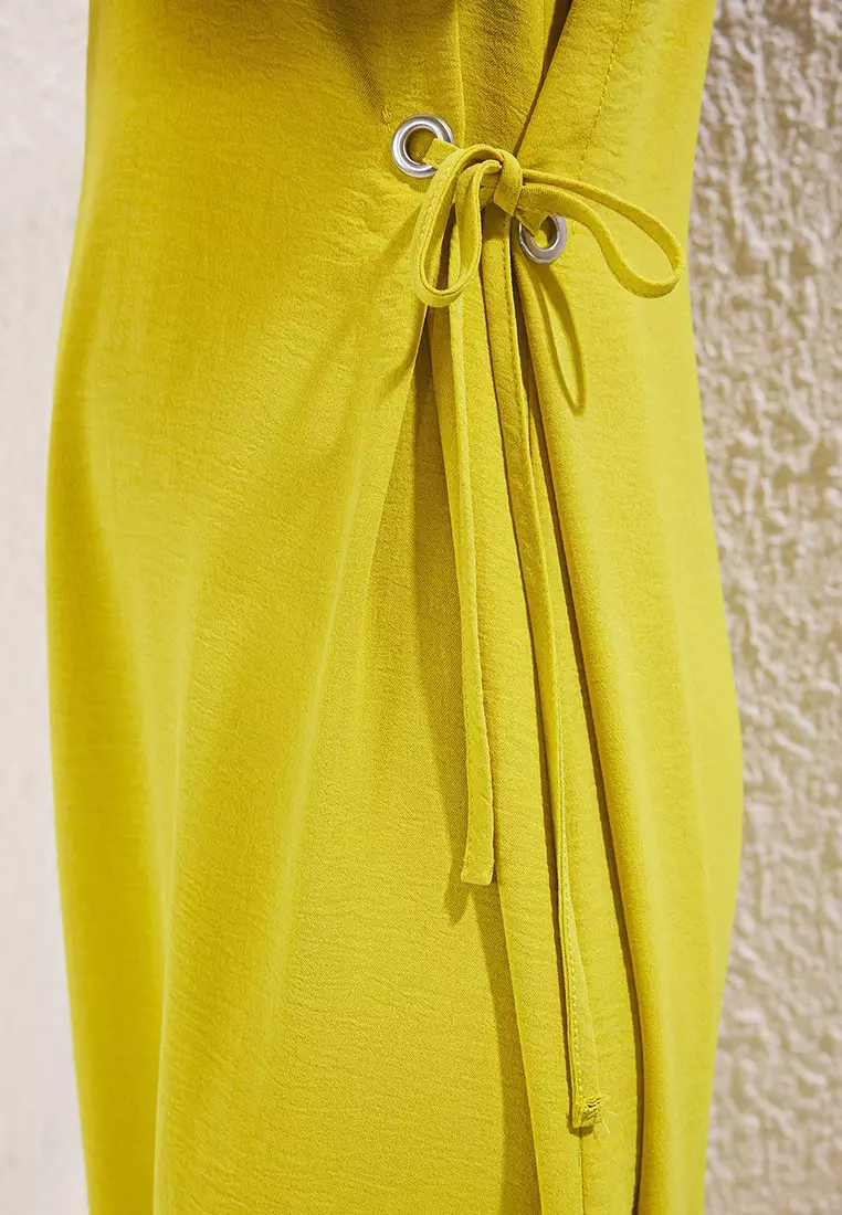 Oil Green Lace Detail Aerobin Woven Dress With Elastic Sleeves Tctss22Eb00104