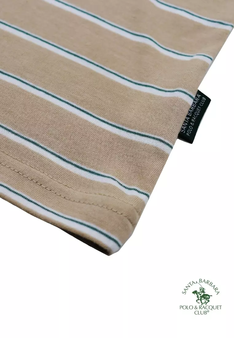 Stripe Beige Round Neck T-Shirt for Men W/ Embroidered Logo on Chest