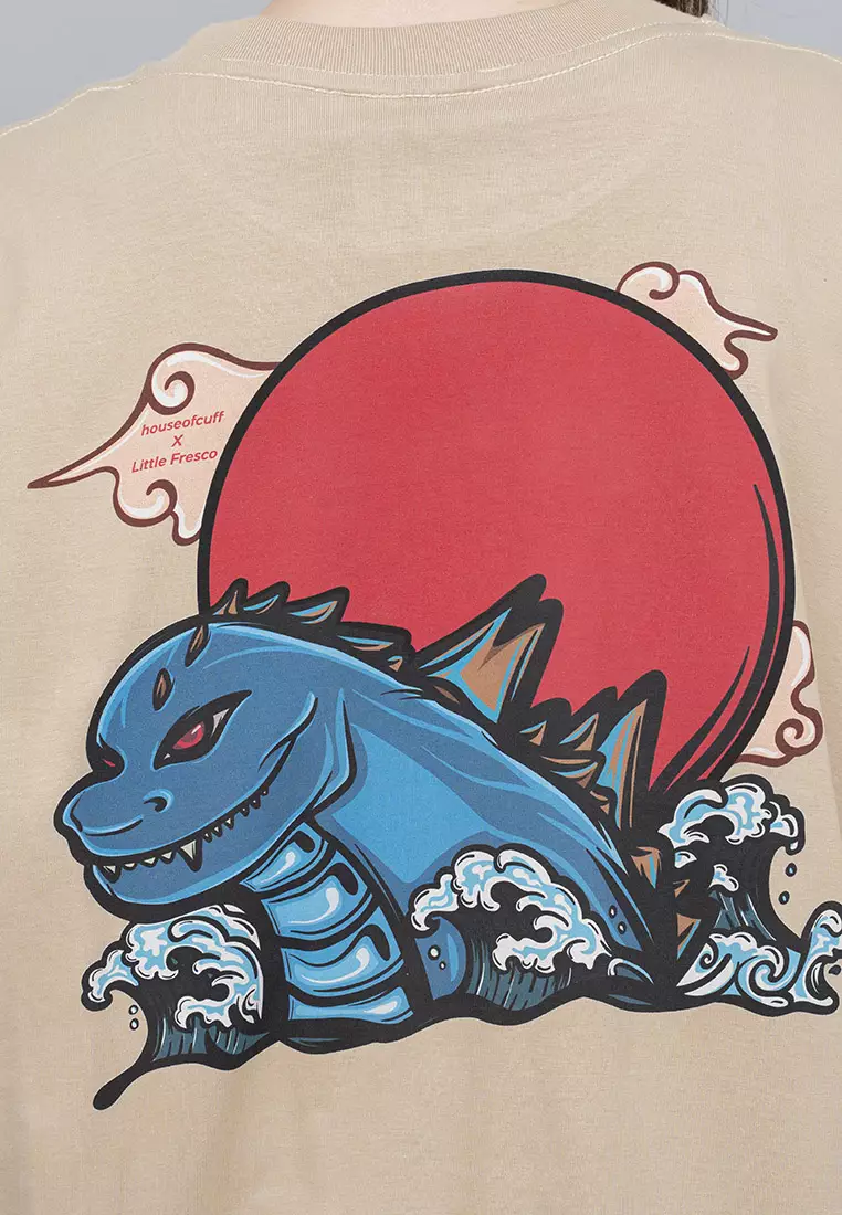 Houseofcuff Kaos Oversized T-shirt Wanita Unisex Tebal Krem Dragon