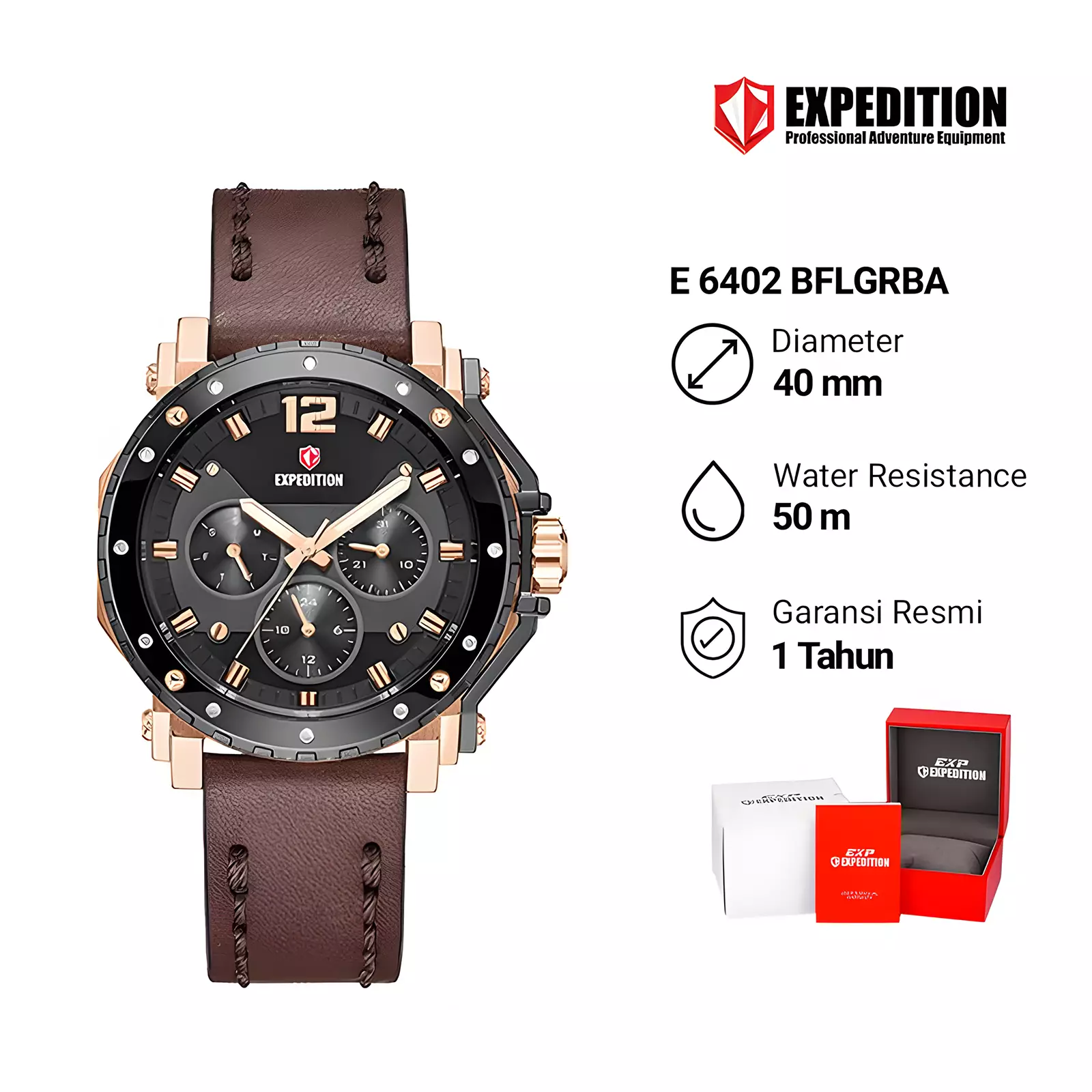 Expedition EXP - Jam Tangan Couple Pria Wanita - Rose Gold Black - Brown Leather Strap - 6402 MFLBRBA