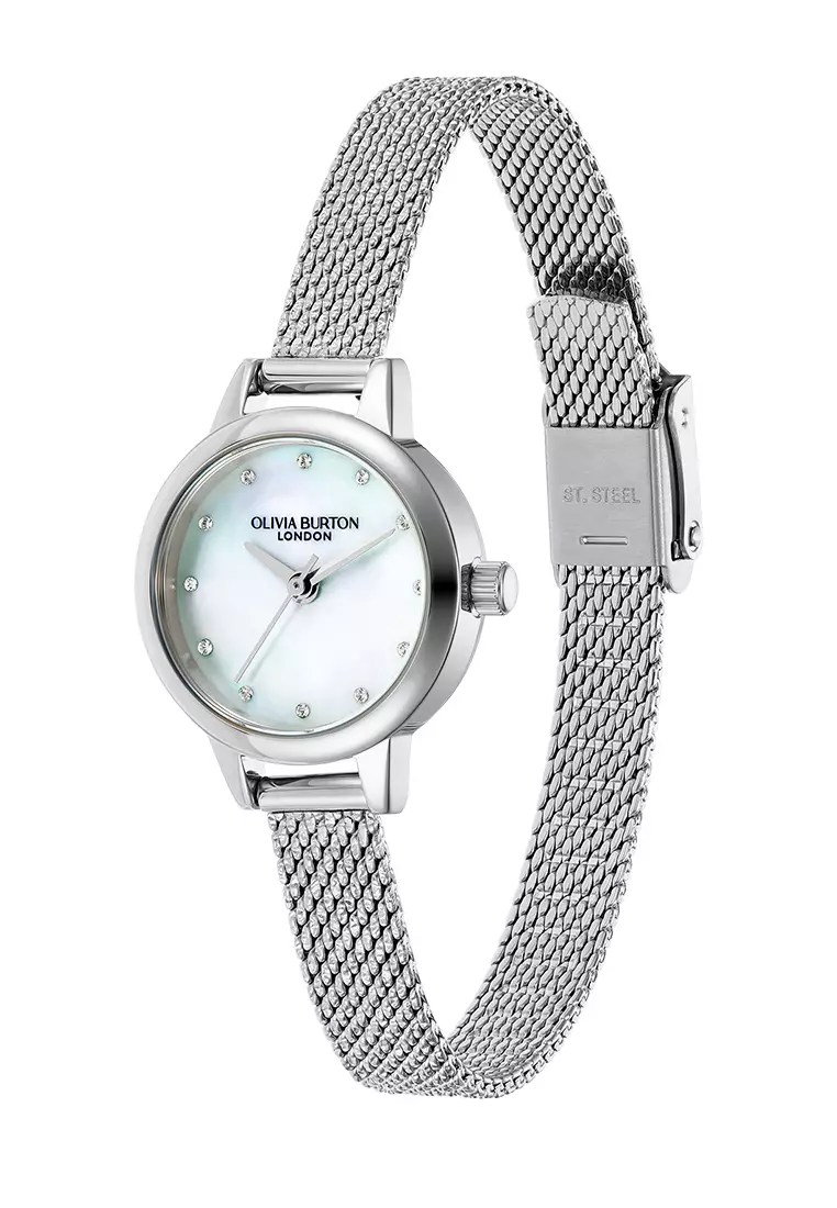 Olivia Burton Mini White Mother Of Pearl Dial, Sparkle Markers and Silver Boucle Mesh - 24000120
