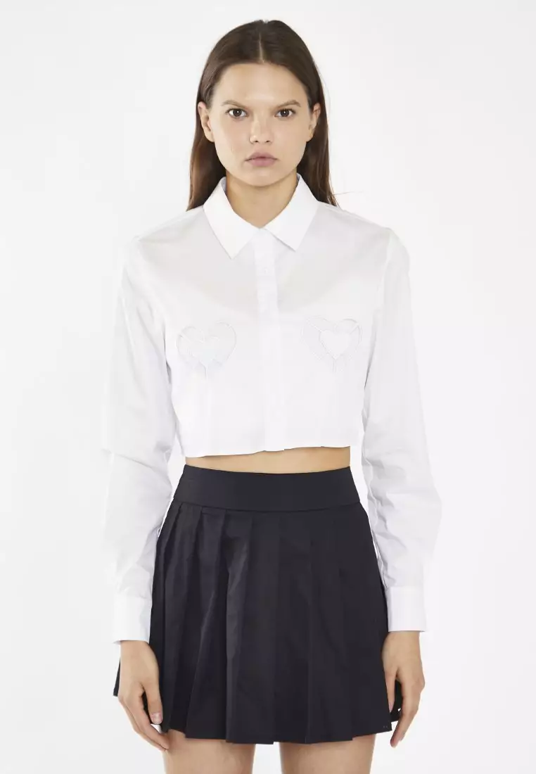 White Heart Cut Out Crop Shirt