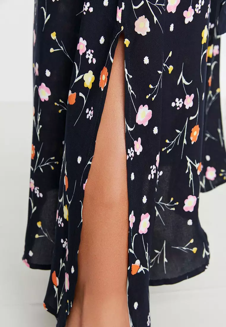 Navy Blue Floral Pattern Woven Slit Detailed Dress Tbbss22El1612