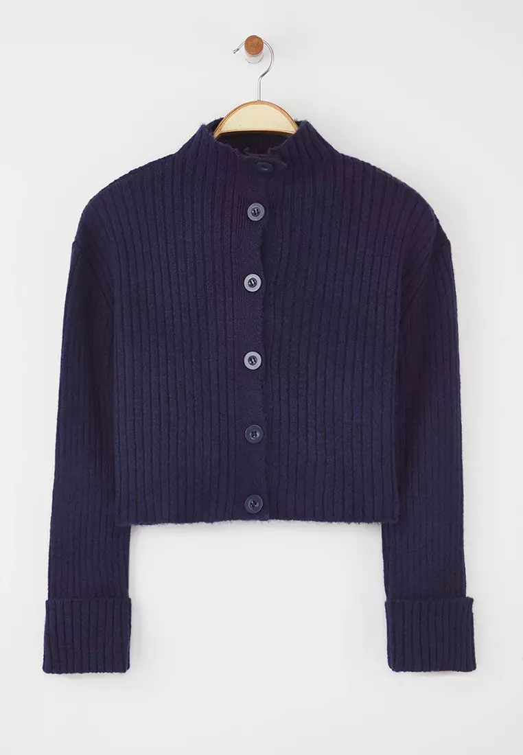 Navy Blue Crop Soft Textured Stand Collar Knitwear Cardigan