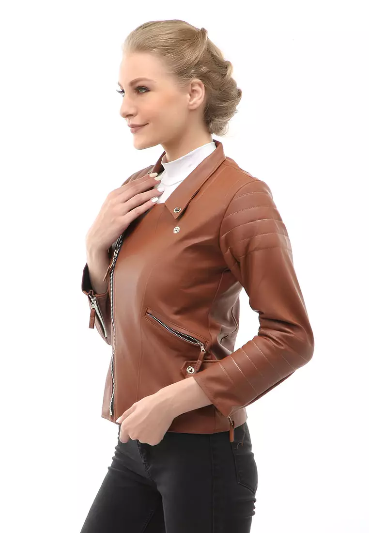 Glenice Jacket Outer Wanita Lengan Panjang Windproof Zipper Pocket Material Leather ORIGINAL - Brown