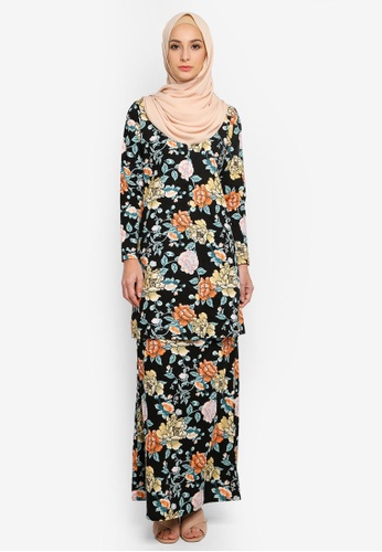 Kurung Moden Exclusive Berpoket from Azka Collection in Black and Yellow and Green