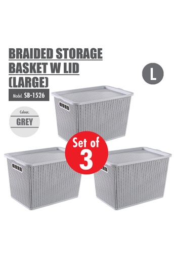 HOUZE grey [SET OF 3] HOUZE Braided Storage Basket with Lid (Large) 28911HL9E6E1D9GS_1