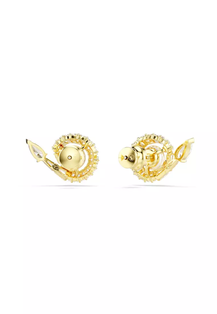 Snake stud earrings, Crystal pearl, Mixed cuts, Year of the Snake, White, Gold-tone plated