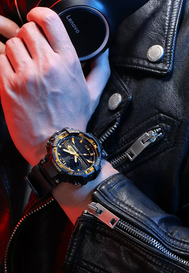 Jam Tangan Pria Digital&Analog Olahraga Pria Tahan Air Luminous Jam Tali Silikon Warna Emas