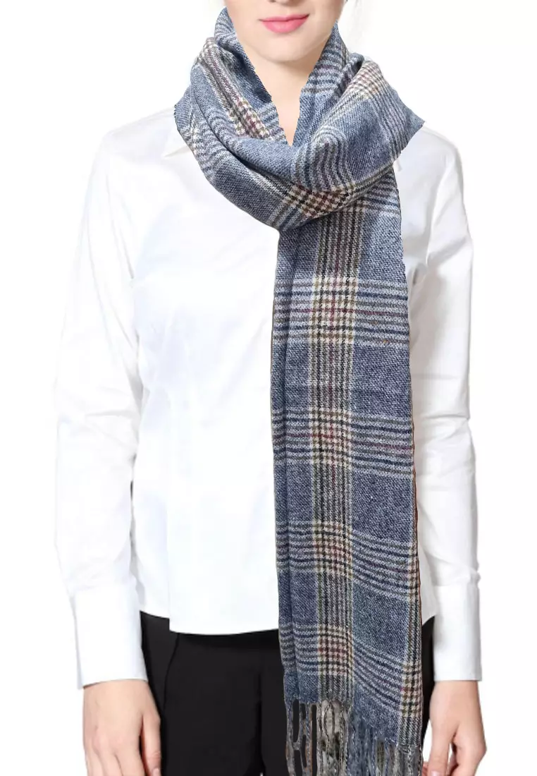 Checkered Cashmere Shawl Mustard Syal Wanita Denim Blue