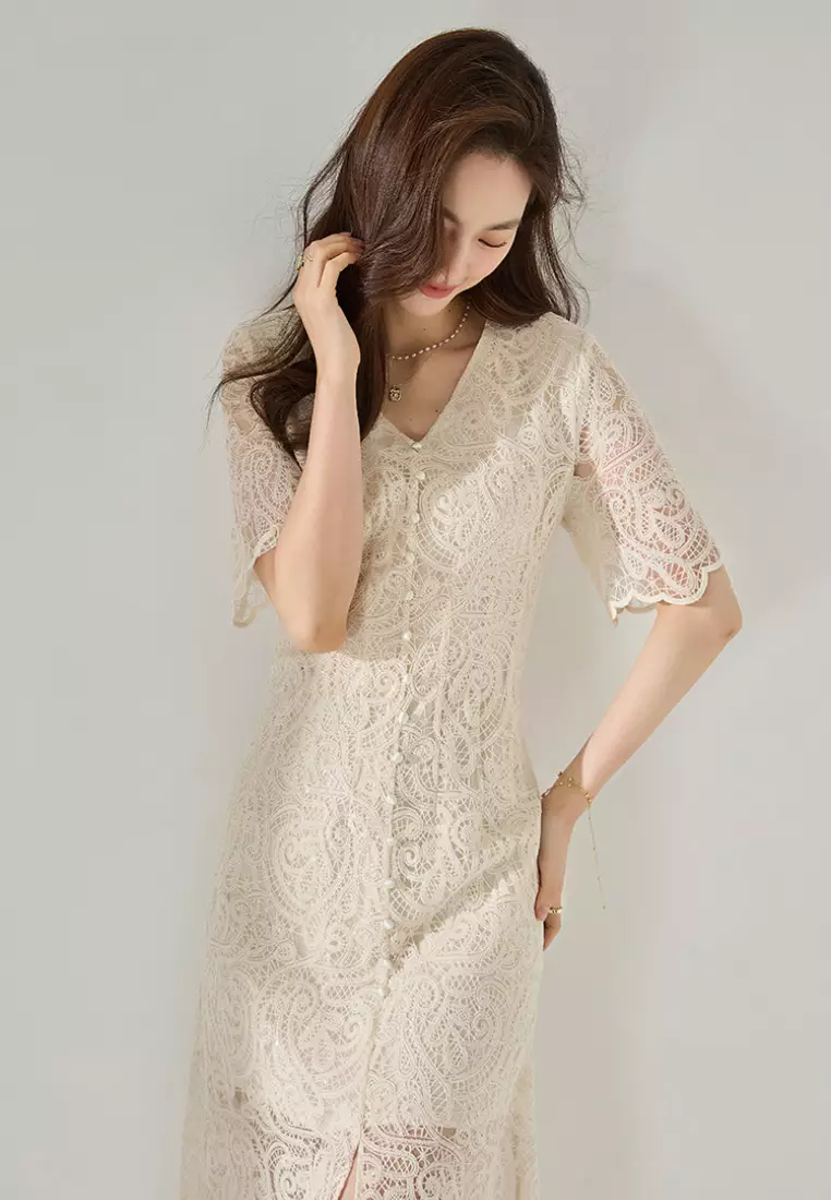 2024 new style real hollow lace V-neck dress K052705