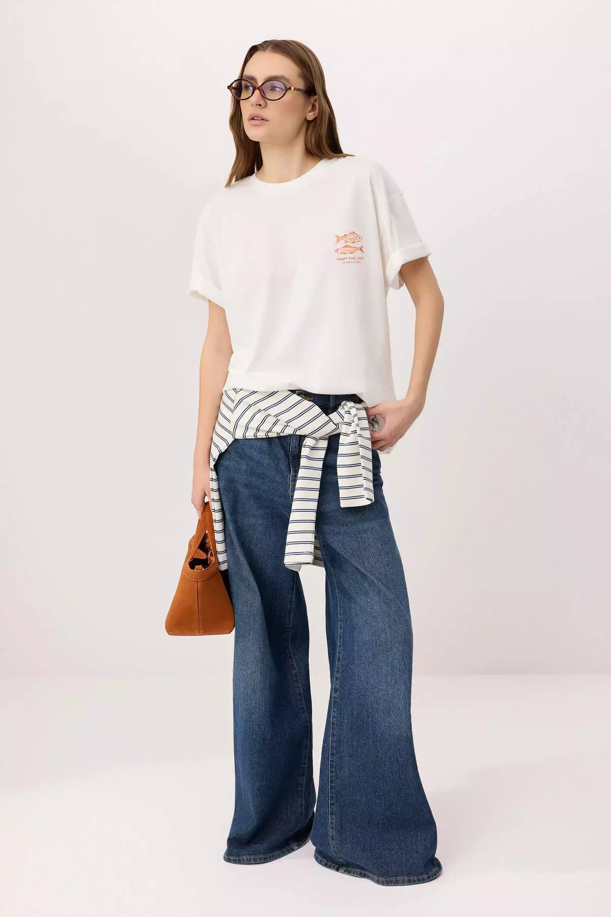 Ecru Printed Oversized Crew Neck Low Sleeve Short Long %1 Cotton Knitted T-Shirt Twoss26Ts211