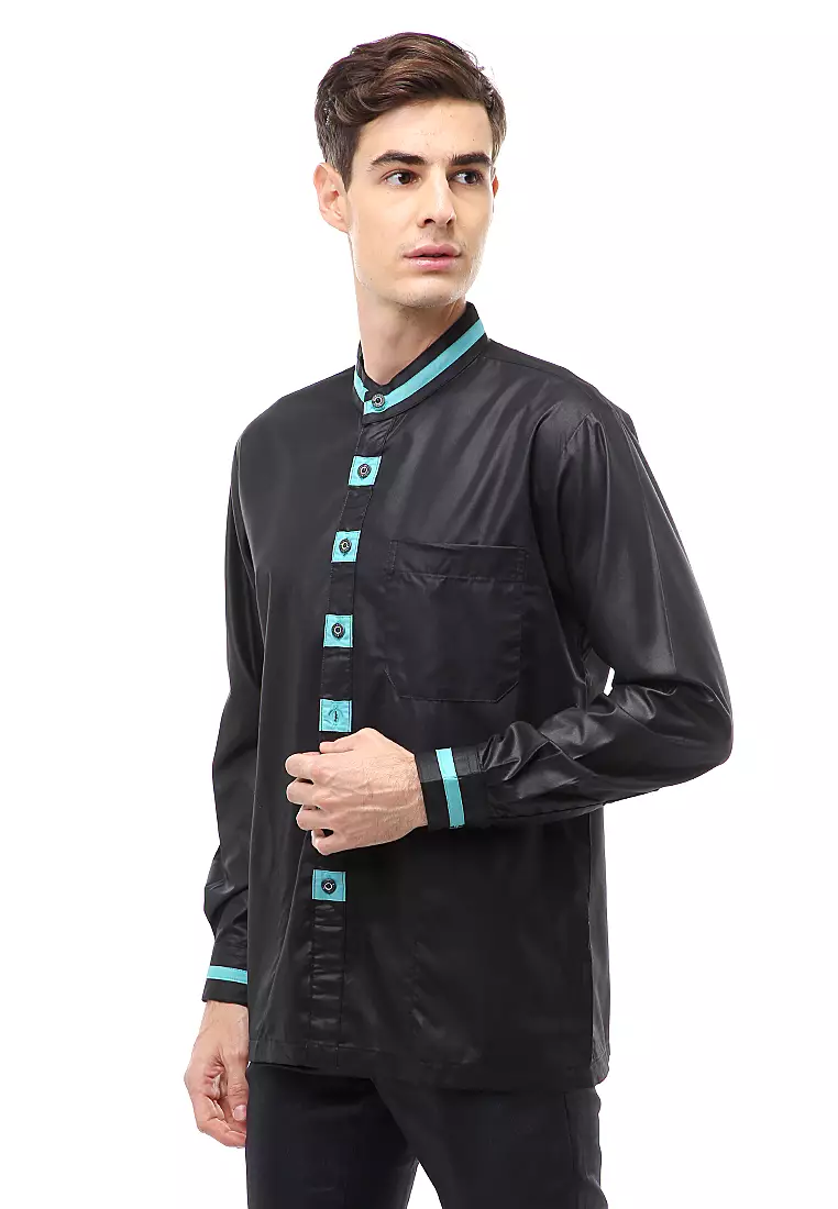 Dwan Atasan Formal Pria Kemeja Koko Staylish Button Long Sleeve Material Cotton ORIGINAL - Black