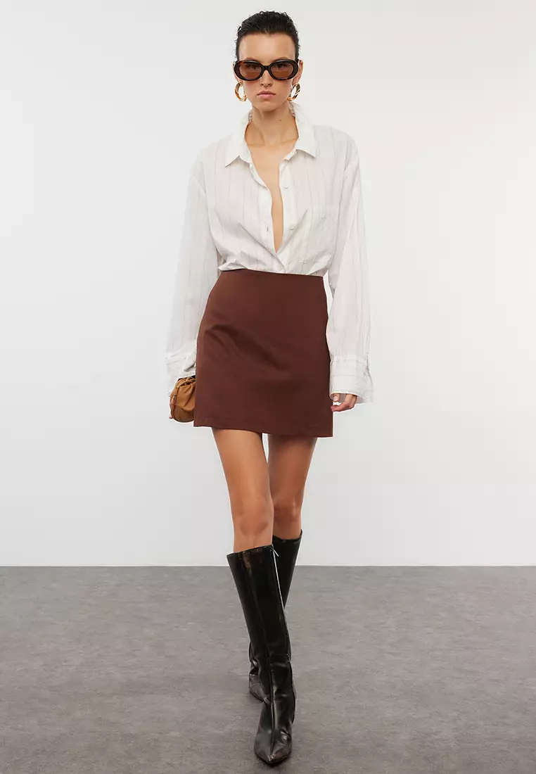 Dark Brown High Waist A-Line Mini Woven Skirt