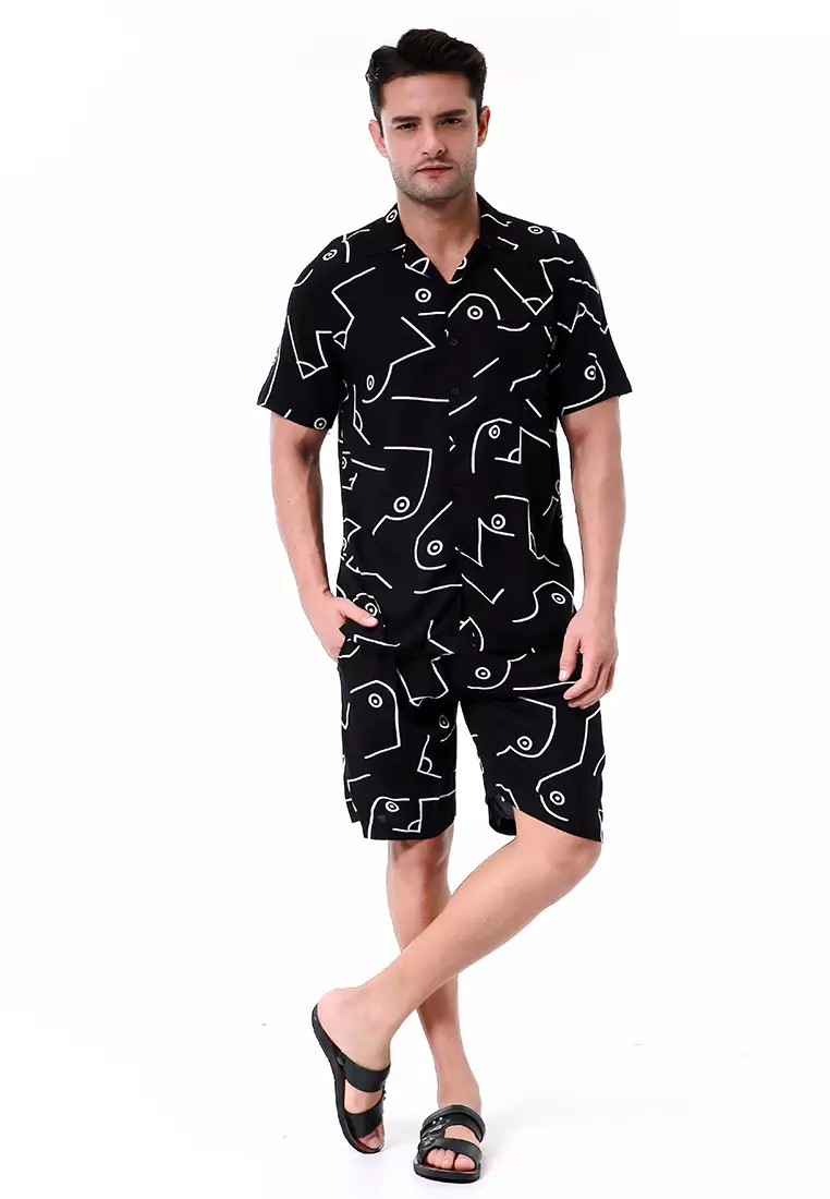 Deon Piyama Pria Kemeja One Set Lengan Pendek Morabita Motive Material Rayon ORIGINAL - Black
