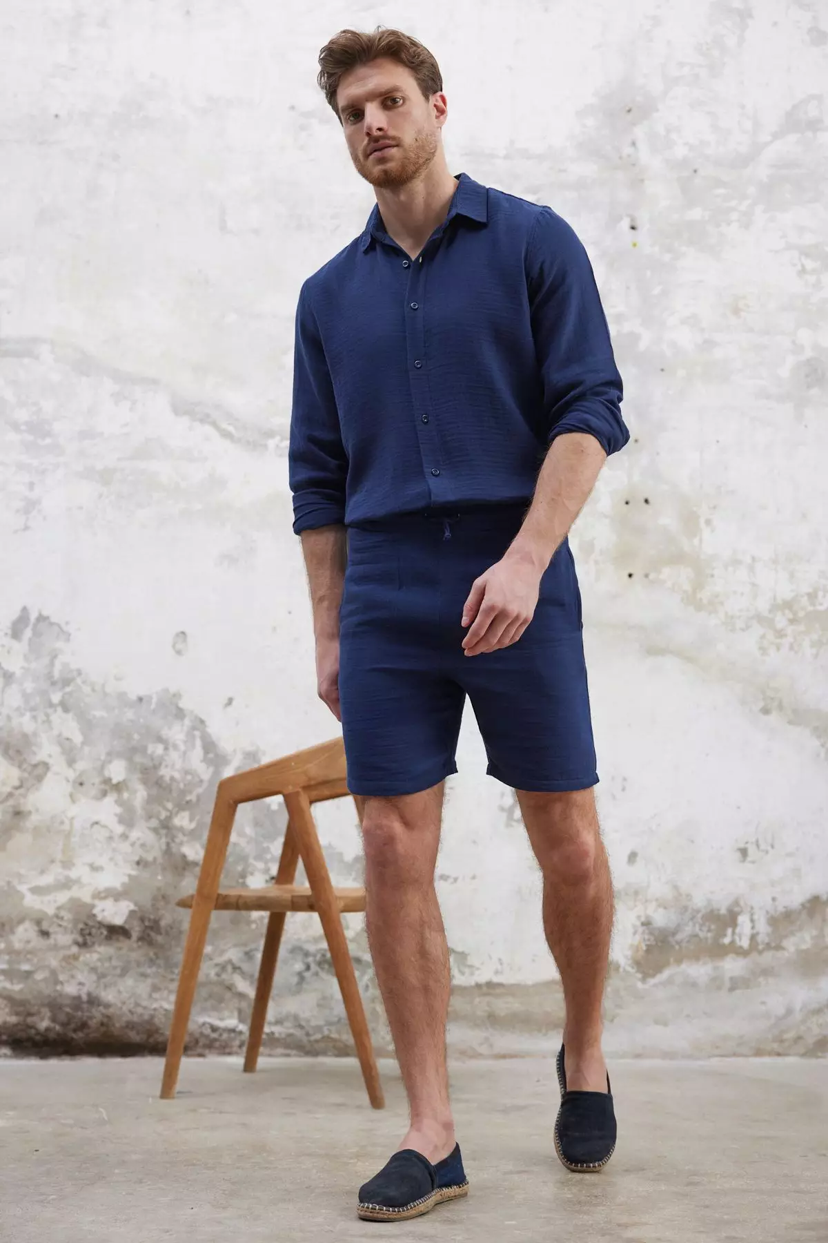 Navy Blue Regular Fit Muslin Fabric Linen Look 100% Cotton Shorts TMNSS25SR00059