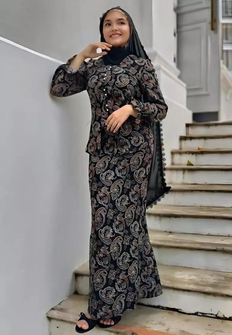 Loveaisyah Black Paisley Puff Sleeve Kebaya Top & Maxi Skirt for Hari Raya