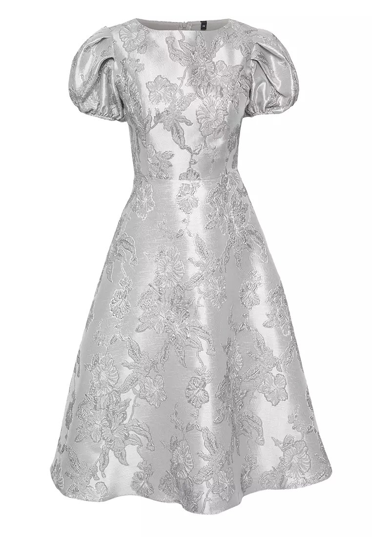 Silver A-Line Jacquard Woven Midi Chic Dress