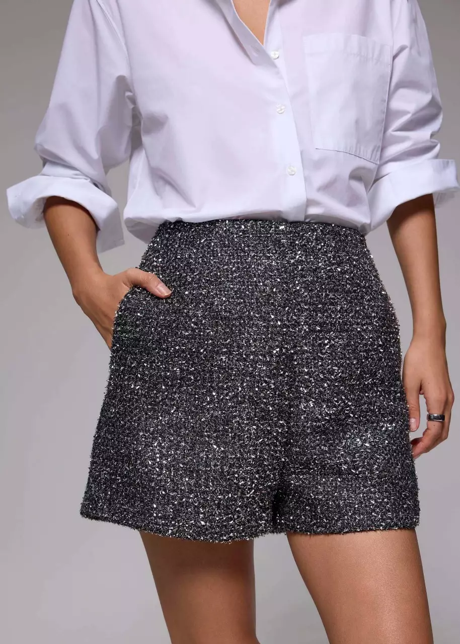 Celana Wanita - Metallic Tweed High Waist A-line Shorts