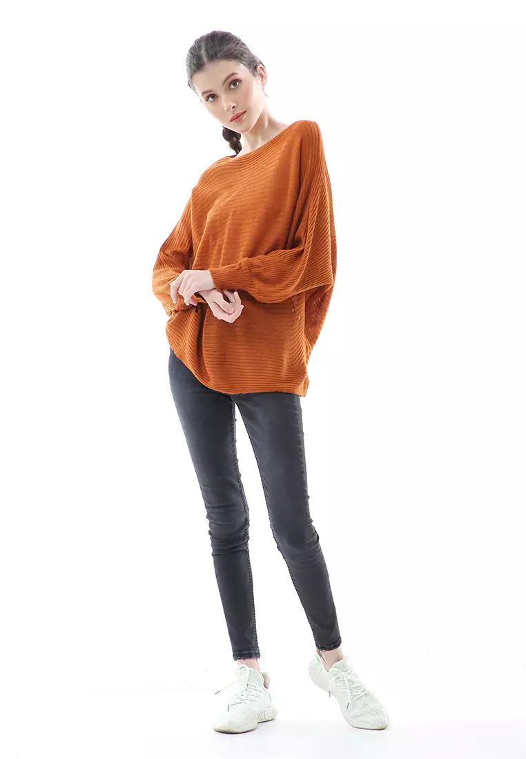 Eveline Sweater Rajut Batwing Atasan Wanita Motif Polos High Quality - Coral