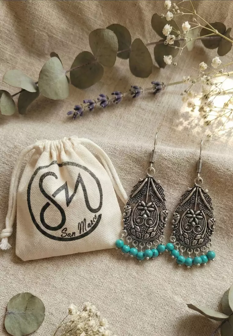 Aksesoris Wanita Encarved Ethnic Turqouise Trinkets Earring Anting Wanita Silver & Turqouise