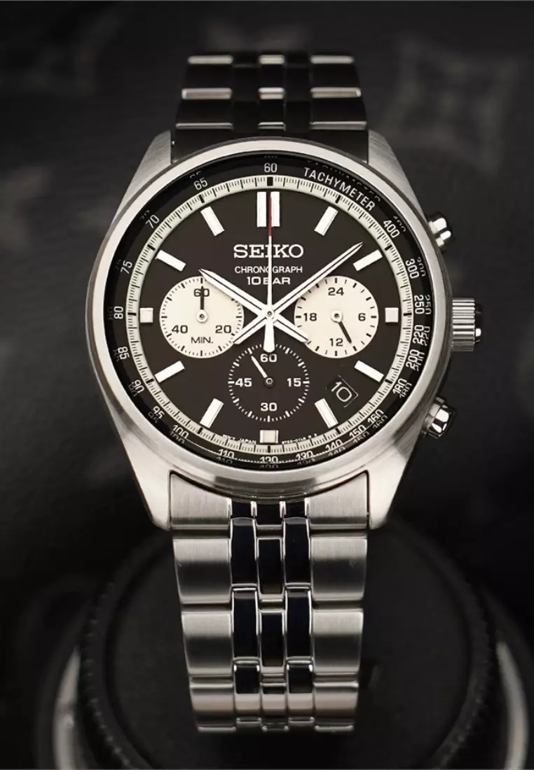 Seiko Gent Conceptual Chronograph Black Dial Stainless Steel Band Motor Sports Design Quartz Watch SSB429P1