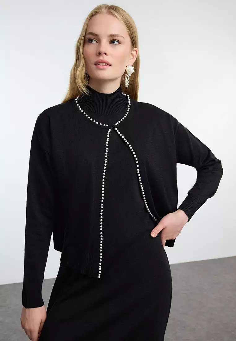 Black Pearl Knitted Dress Cardigan Set TCTAW25US00040