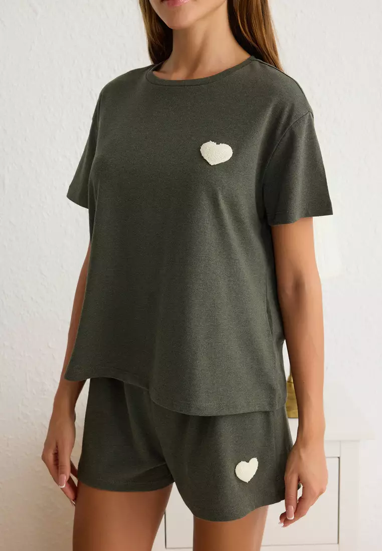Khaki Heart Patched Shorts Knitted Pajama Set THMSS25PT00155