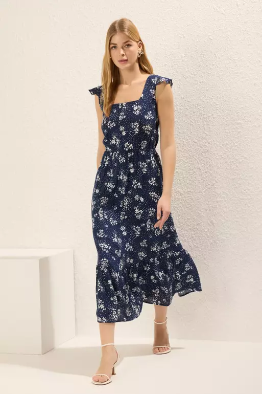 Dark Navy Floral Frilled Midi Woven Dress With Waist Opening Skirt